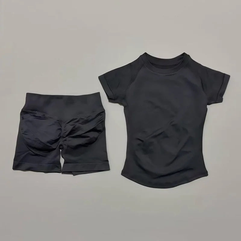 Ensemble Sport Femme 2 Pièces — Haut Manches Courtes + Short Legging Seamless