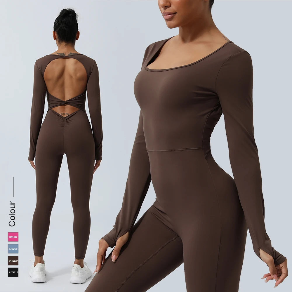 Women Fitness Jumpsuit Backless Long Sleeve Tights Yoga Set Running Training With Padded Sport Set