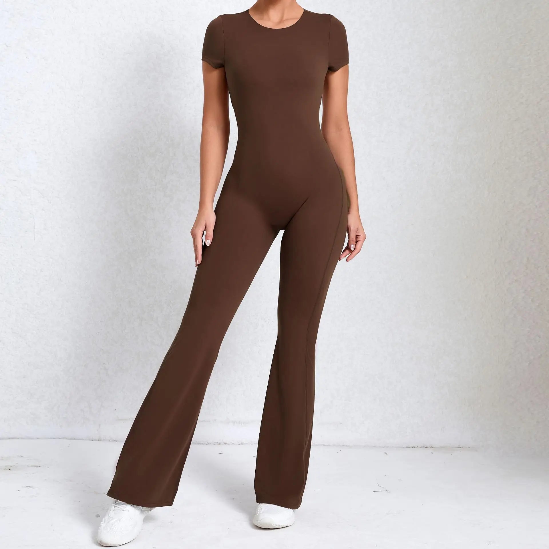 Sexy Backless Scrunch Flared Jumpsuits Women One Piece Sportswear Yoga Clothes Short Sleeve Fitness Overalls Female Sport Outfit