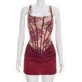 Women's Clothing Spring Summer Square Collar Lace Printed A-Line Stitching