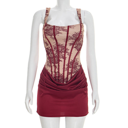 Women's Clothing Spring Summer Square Collar Lace Printed A-Line Stitching