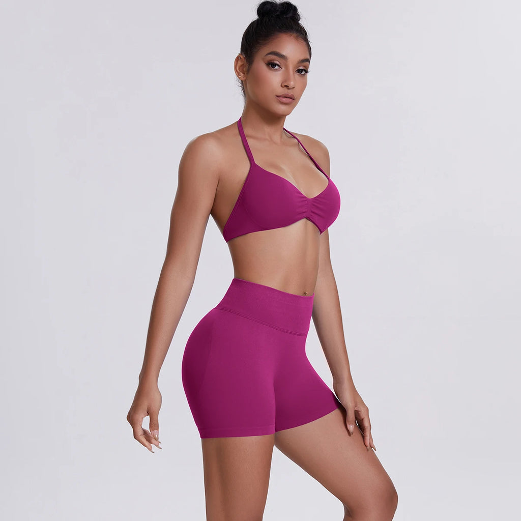 Solid Color Soft Gym Yoga Set Short Legging Strap Back Sport Bra Tracksuit Women Gym Suit Comprehensive Training Jog Athletic