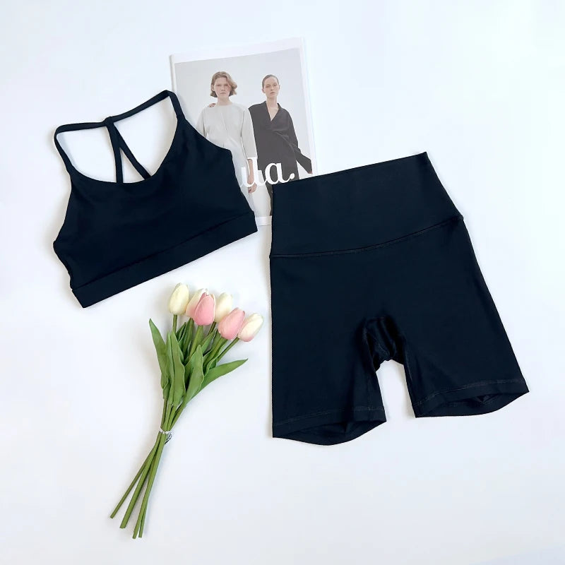 Solid Color Gym Bike Yoga Set Short Legging Cross Back Sport Bra 2pc Tracksuit Athletic Women Gym Suit Comprehensive Training👚