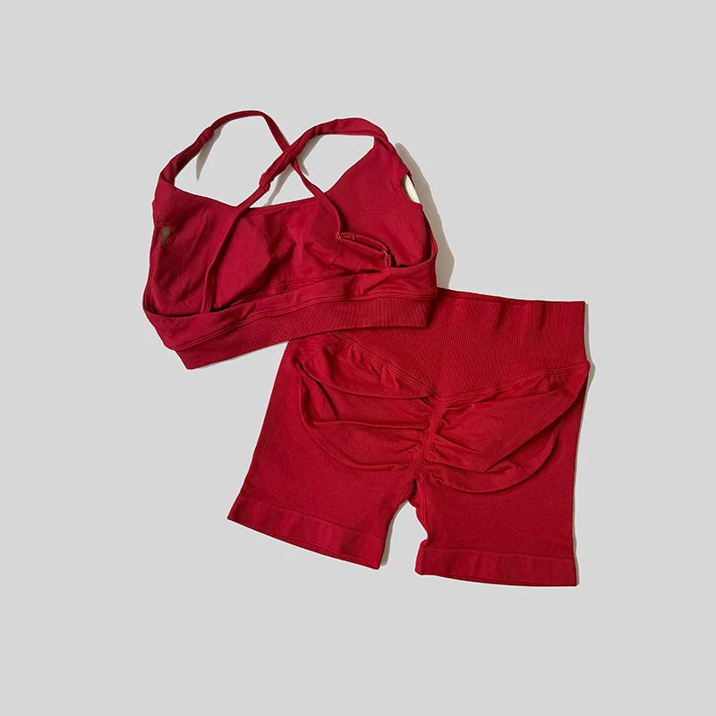 Solid Color Bike Gym Set Short Cross Back Sports Bra Workout Outfit Athletic Women Gym Suit Training Running Tracksuit