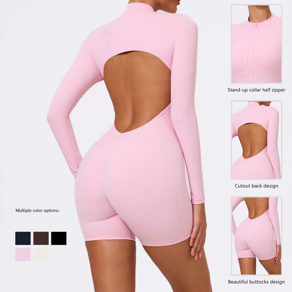 Ctenkevet Summer Half-Zipper Women Gym Jumpsuit Female Outdoors Breathable V Back Activewear Buttock Lift Sport Outfit For Woman