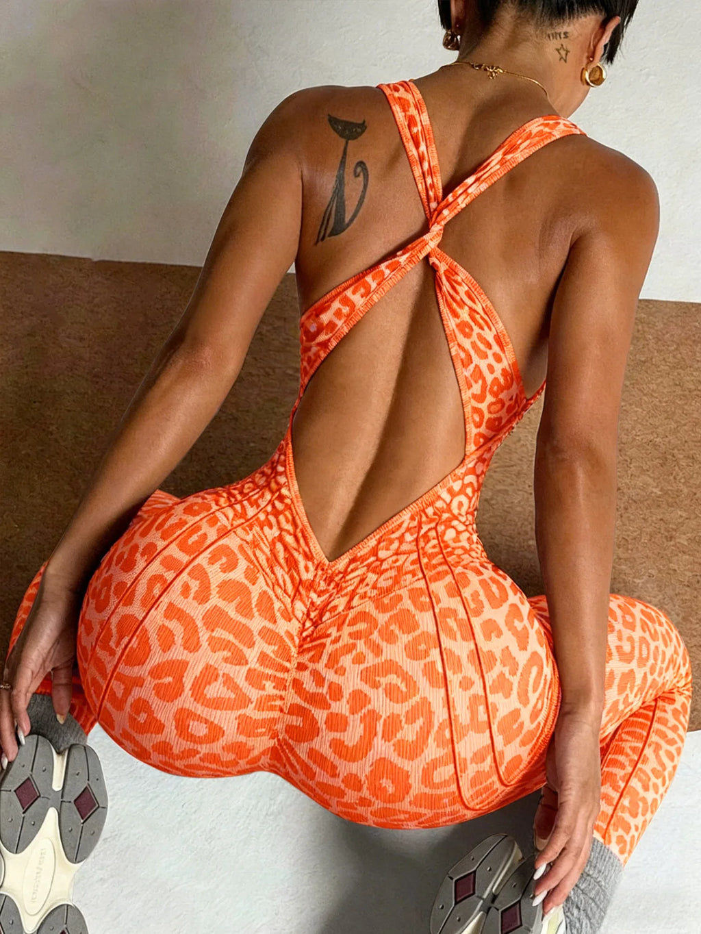 Women Sports Jumpsuits Leopard Deep V Bandage One Piece Yoga Pants Scrunch Workout Fitness Gym Training Athletic Tights Suits