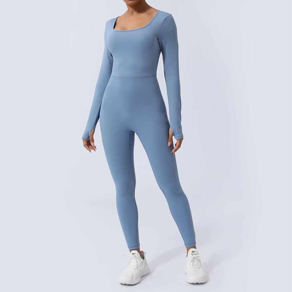 Women Fitness Jumpsuit Backless Long Sleeve Tights Yoga Set Running Training With Padded Sport Set