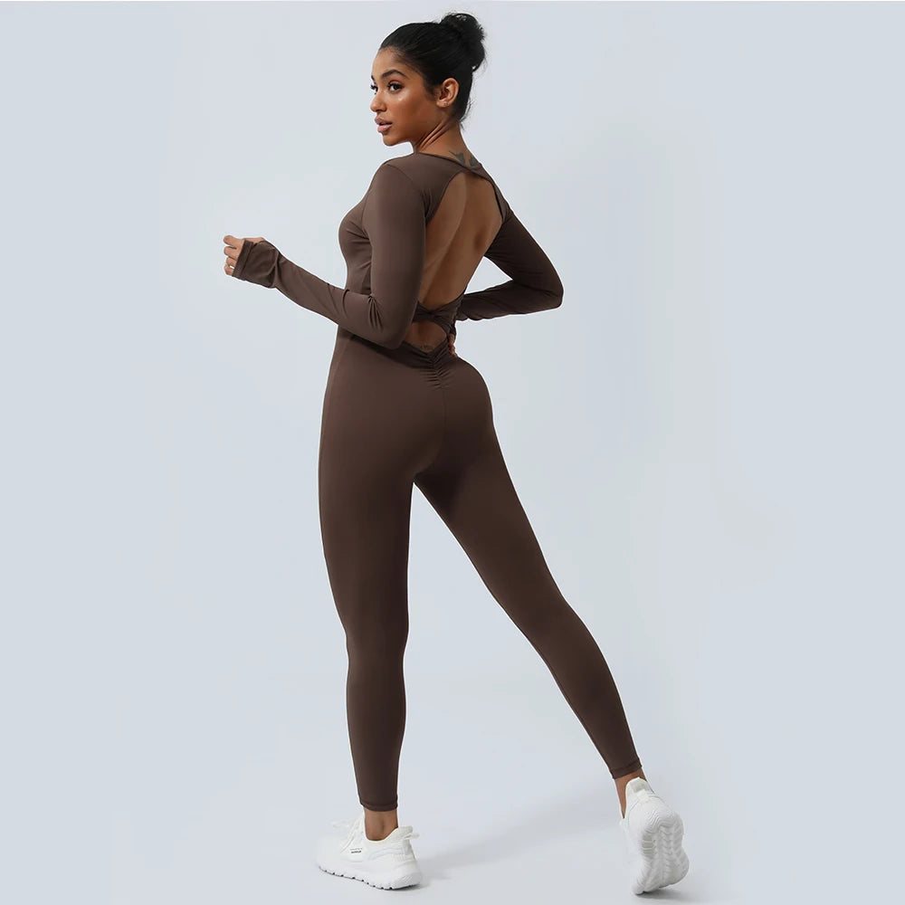 Women Fitness Jumpsuit Backless Long Sleeve Tights Yoga Set Running Training With Padded Sport Set