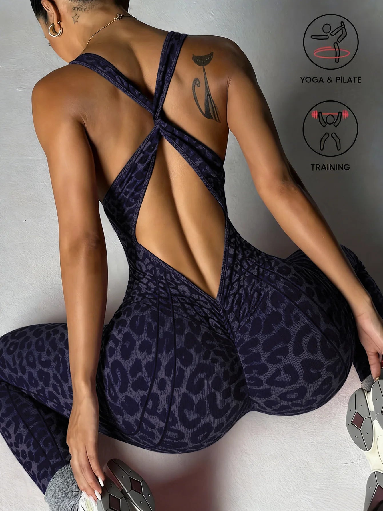 Women Sports Jumpsuits Leopard Deep V Bandage One Piece Yoga Pants Scrunch Workout Fitness Gym Training Athletic Tights Suits