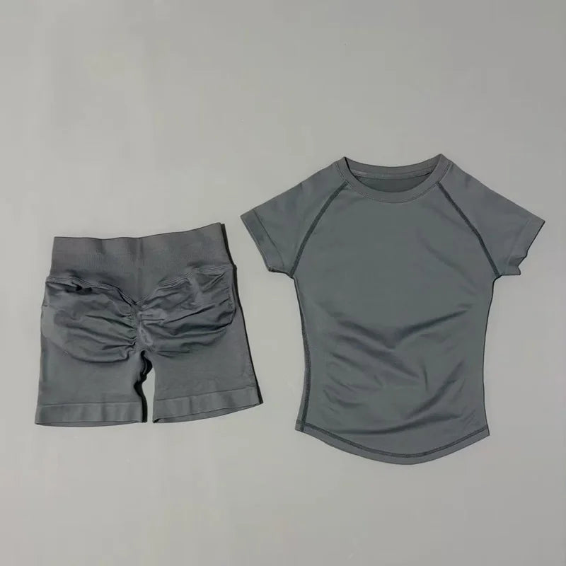 Ensemble Sport Femme 2 Pièces — Haut Manches Courtes + Short Legging Seamless