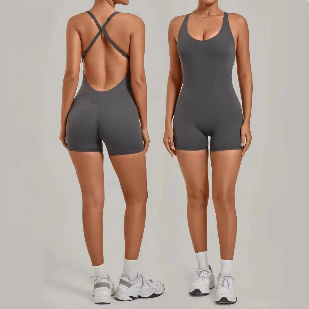 Backless Gym Bodysuits Set Short Jumpsuit Playsuit Women One Piece Sport Outfit Yoga Romper Sexy Fitness Overalls Raises Butt