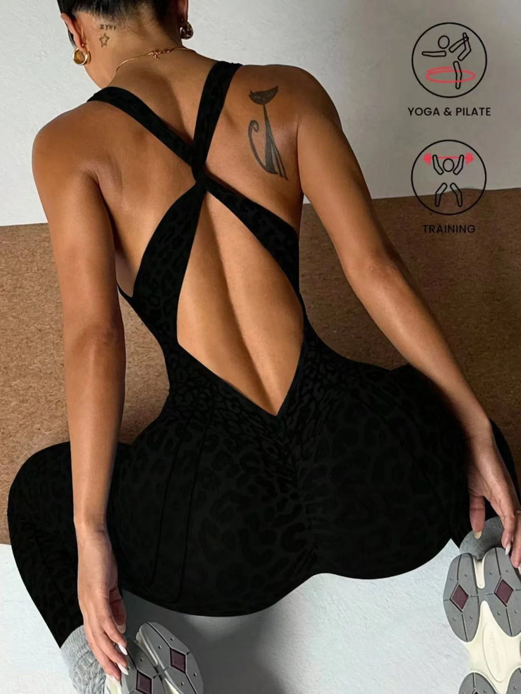 Women Sports Jumpsuits Leopard Deep V Bandage One Piece Yoga Pants Scrunch Workout Fitness Gym Training Athletic Tights Suits