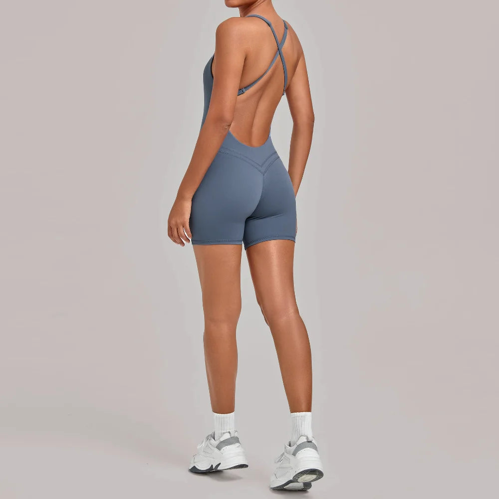 Backless Gym Bodysuits Set Short Jumpsuit Playsuit Women One Piece Sport Outfit Yoga Romper Sexy Fitness Overalls Raises Butt