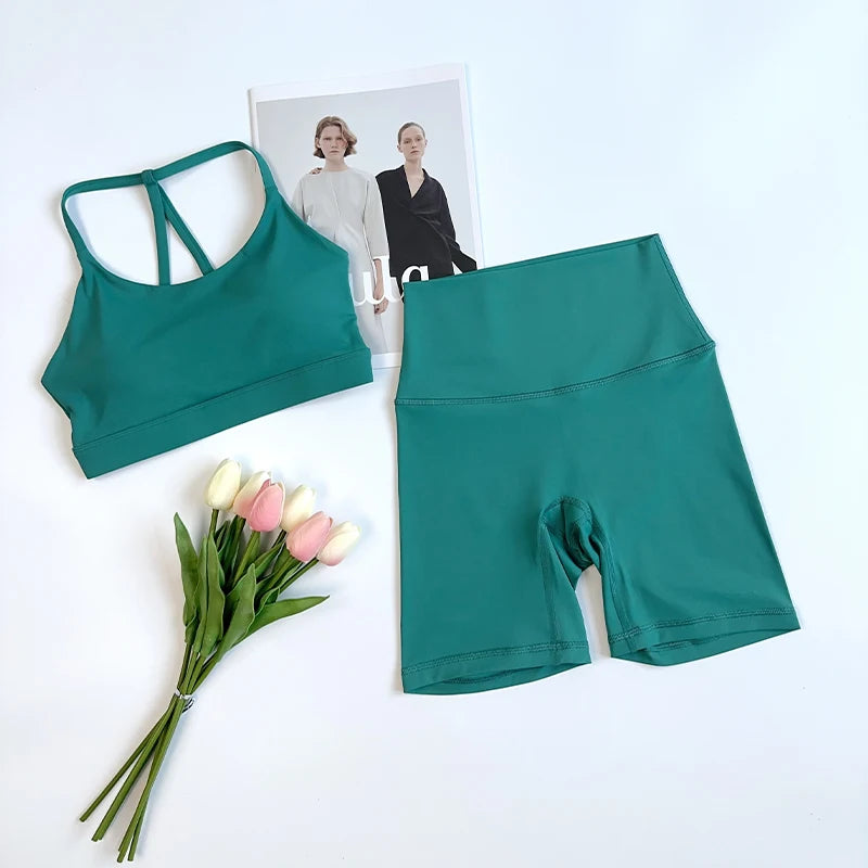 Solid Color Gym Bike Yoga Set Short Legging Cross Back Sport Bra 2pc Tracksuit Athletic Women Gym Suit Comprehensive Training👚