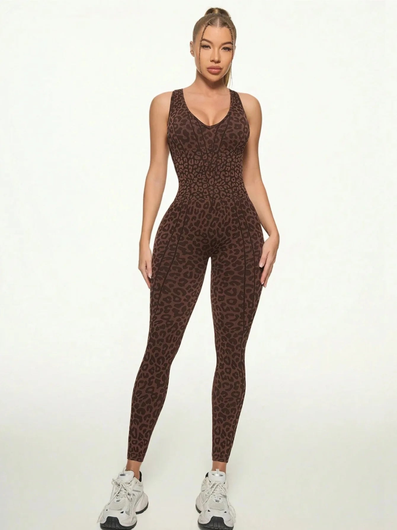 Women Sports Jumpsuits Leopard Deep V Bandage One Piece Yoga Pants Scrunch Workout Fitness Gym Training Athletic Tights Suits