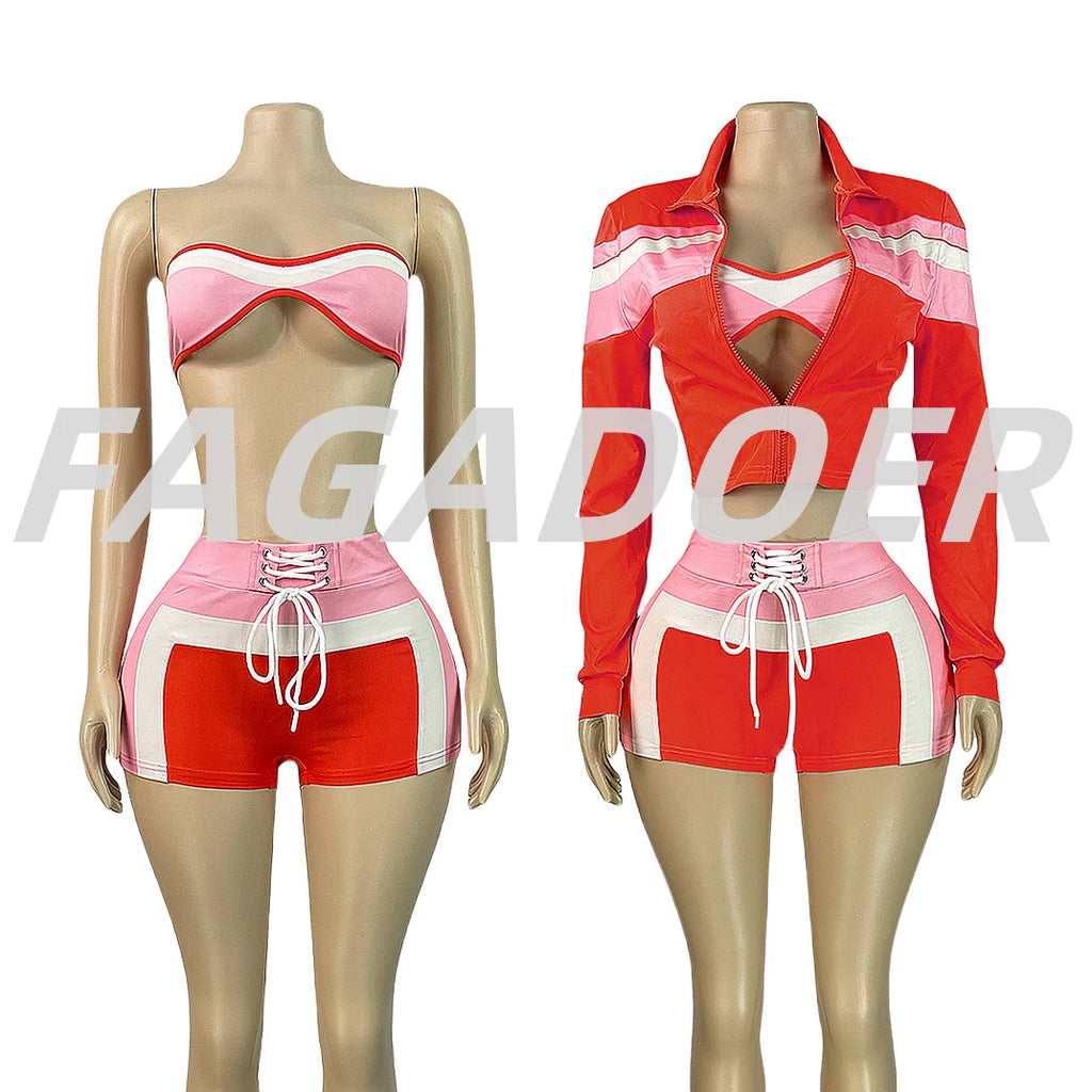 FAGADOER Sexy Sport 3 Pieces Set For Woman Color Block Long Sleeves Jacket + Tanks Top and Shorts Matching Female Beach Swimsuit
