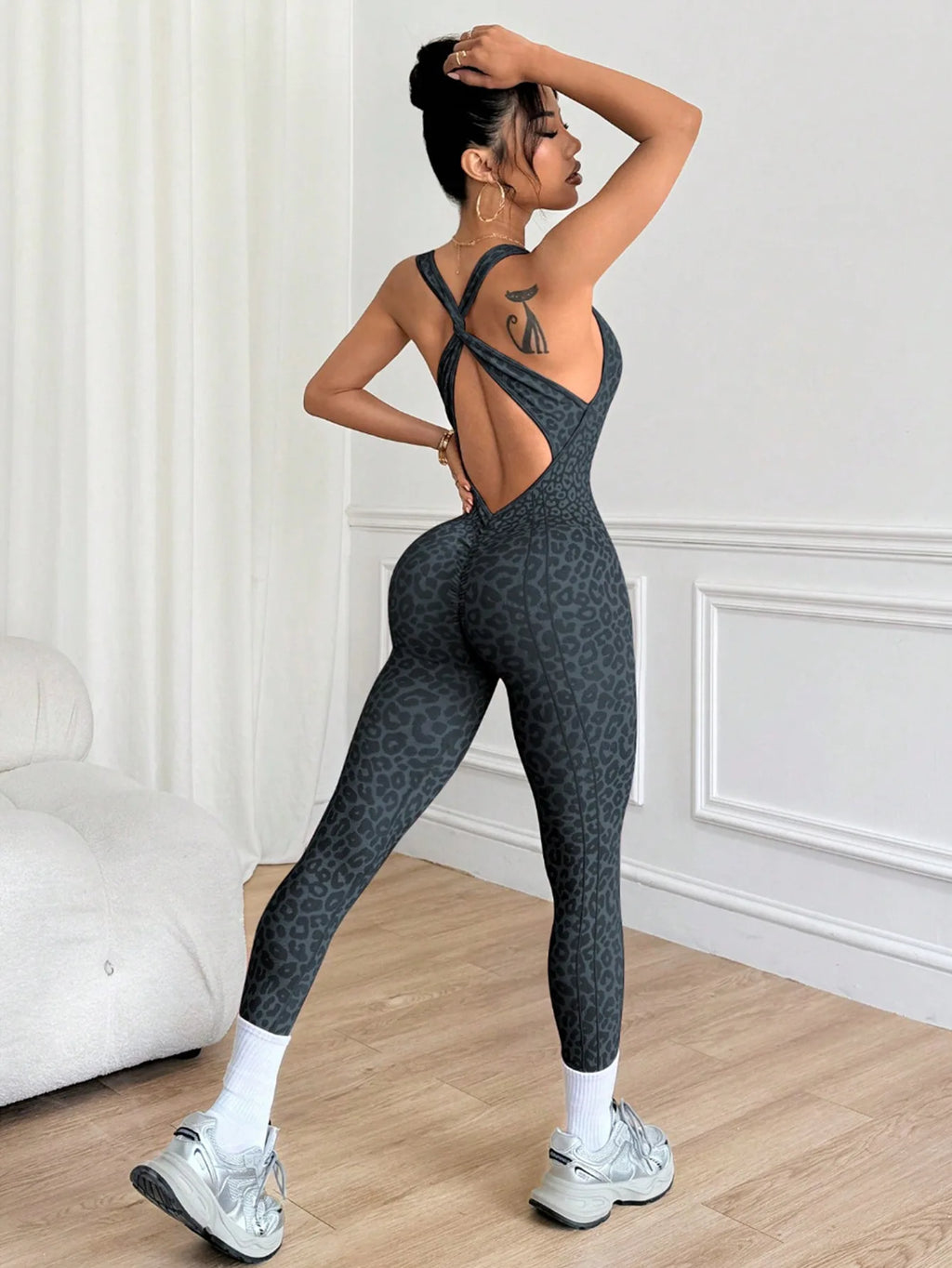 Women Sports Jumpsuits Leopard Deep V Bandage One Piece Yoga Pants Scrunch Workout Fitness Gym Training Athletic Tights Suits
