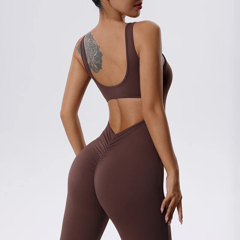 Sexy Gym Set Women Sport One-Piece Suit Yoga Suit Flared Pants Women Push Up Sports Jumpsuit Fitness Rompers Workout Bodysuits ﻿
