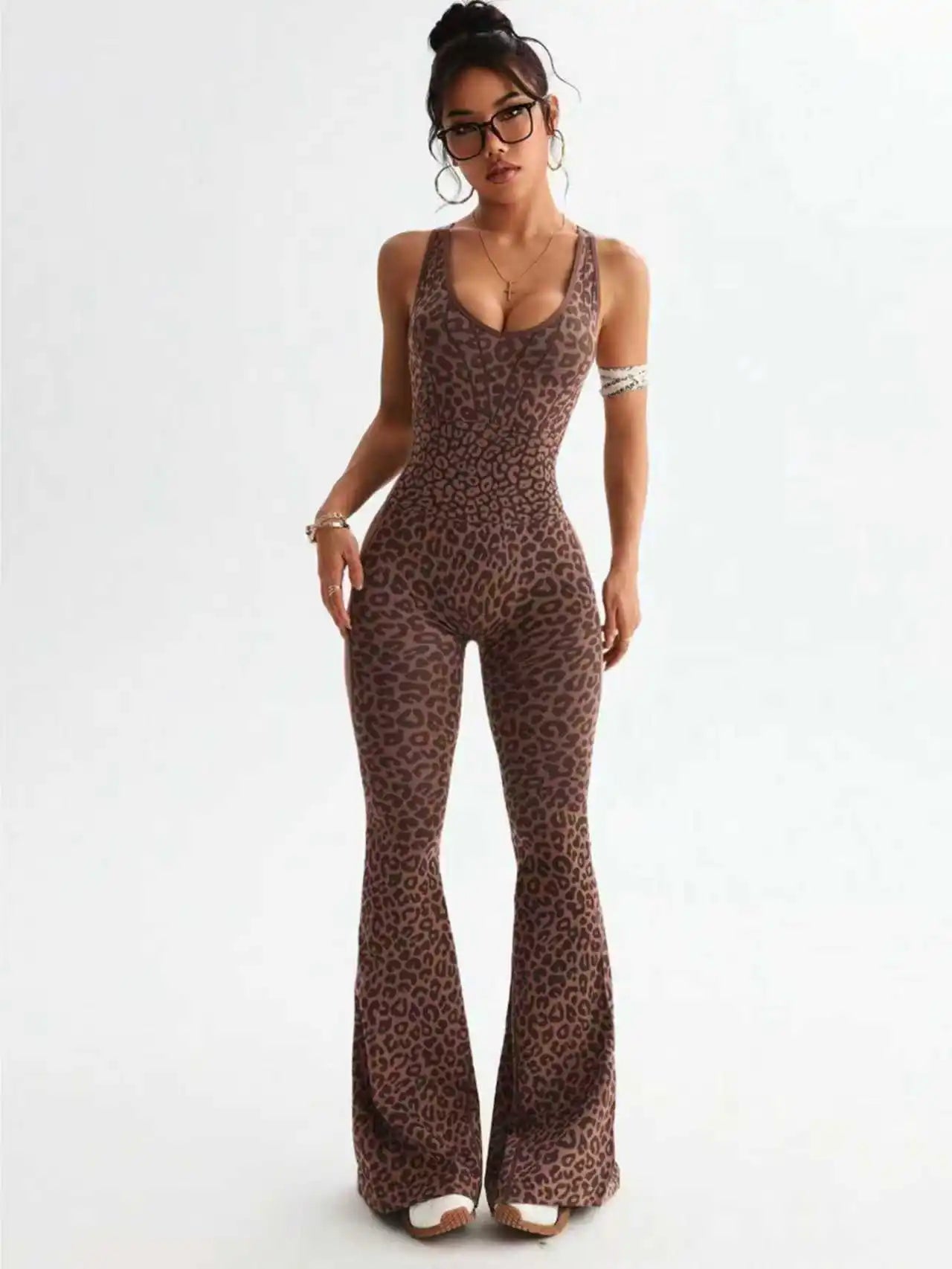 Women Sports Jumpsuits Leopard Deep V Bandage One Piece Yoga Pants Scrunch Workout Fitness Gym Training Athletic Tights Suits