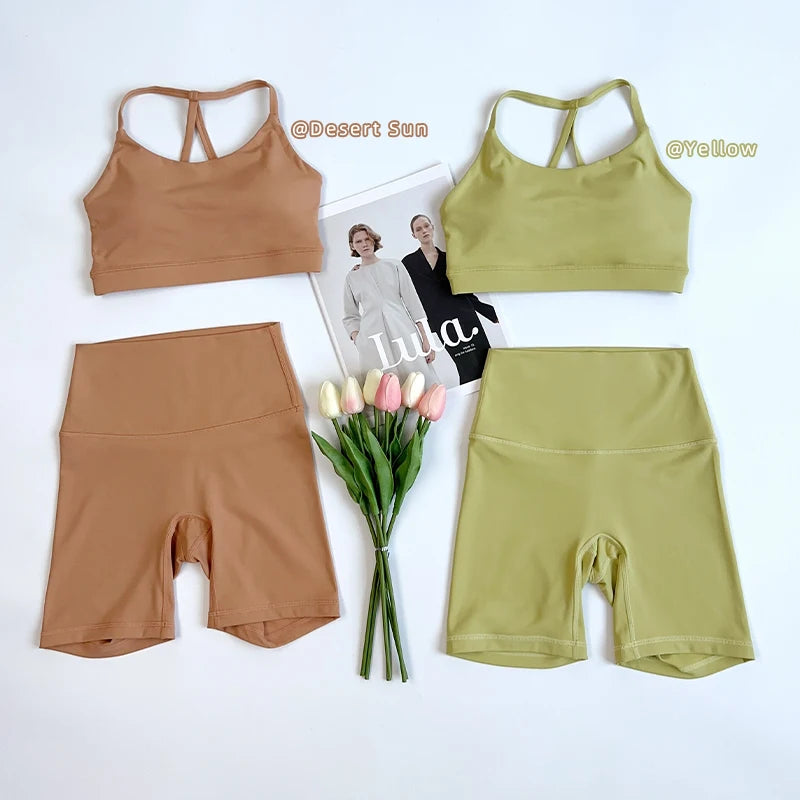 Solid Color Gym Bike Yoga Set Short Legging Cross Back Sport Bra 2pc Tracksuit Athletic Women Gym Suit Comprehensive Training👚