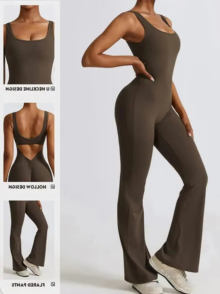 Sexy Gym Set Women Sport One-Piece Suit Yoga Suit Flared Pants Women Push Up Sports Jumpsuit Fitness Rompers Workout Bodysuits ﻿
