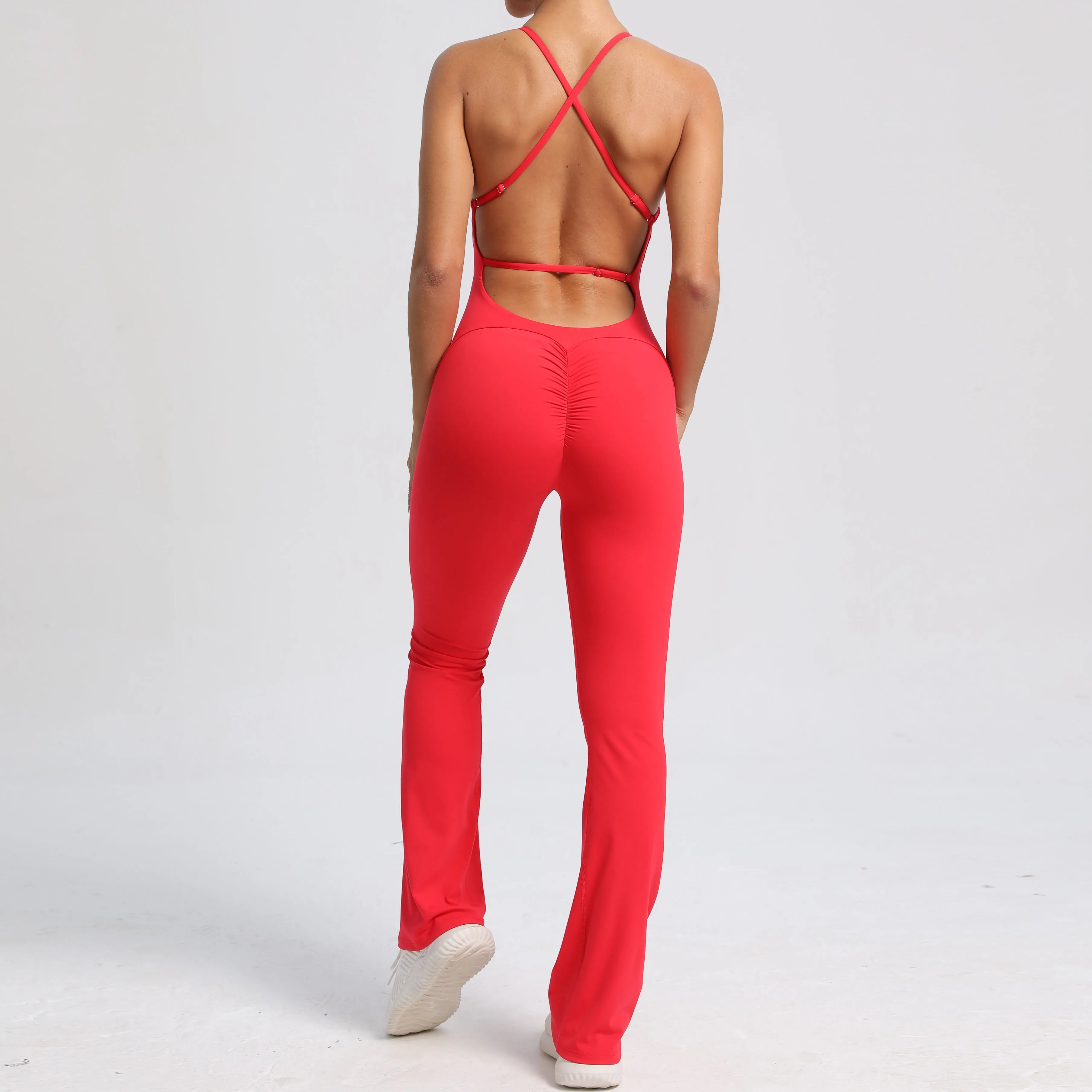 Women Workout Jumpsuit One Piece Fitness Training Yoga Suit Butt Backless Gym Bodysuit Stretch Women Sport Flare Playsuit