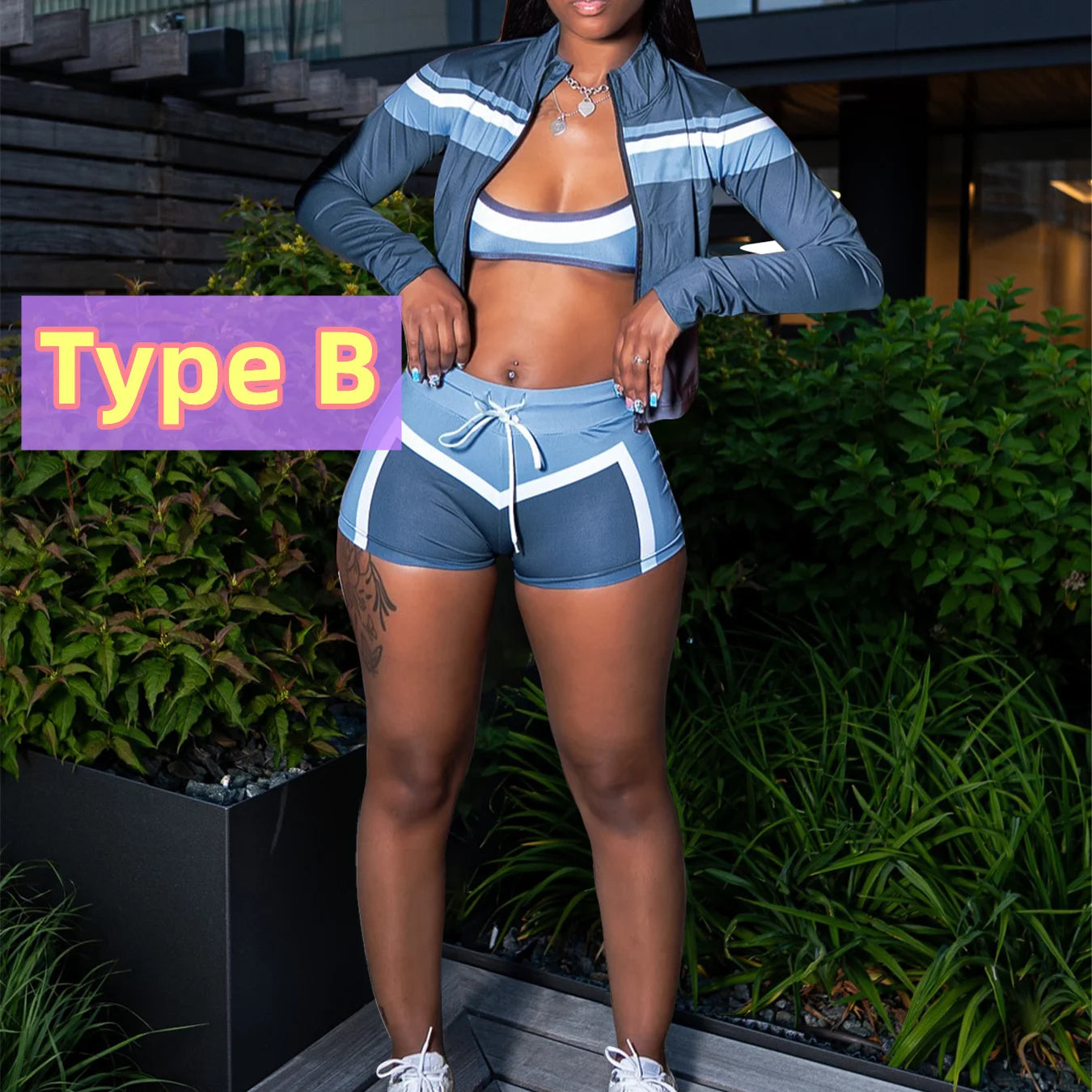 FAGADOER Sexy Sport 3 Pieces Set For Woman Color Block Long Sleeves Jacket + Tanks Top and Shorts Matching Female Beach Swimsuit