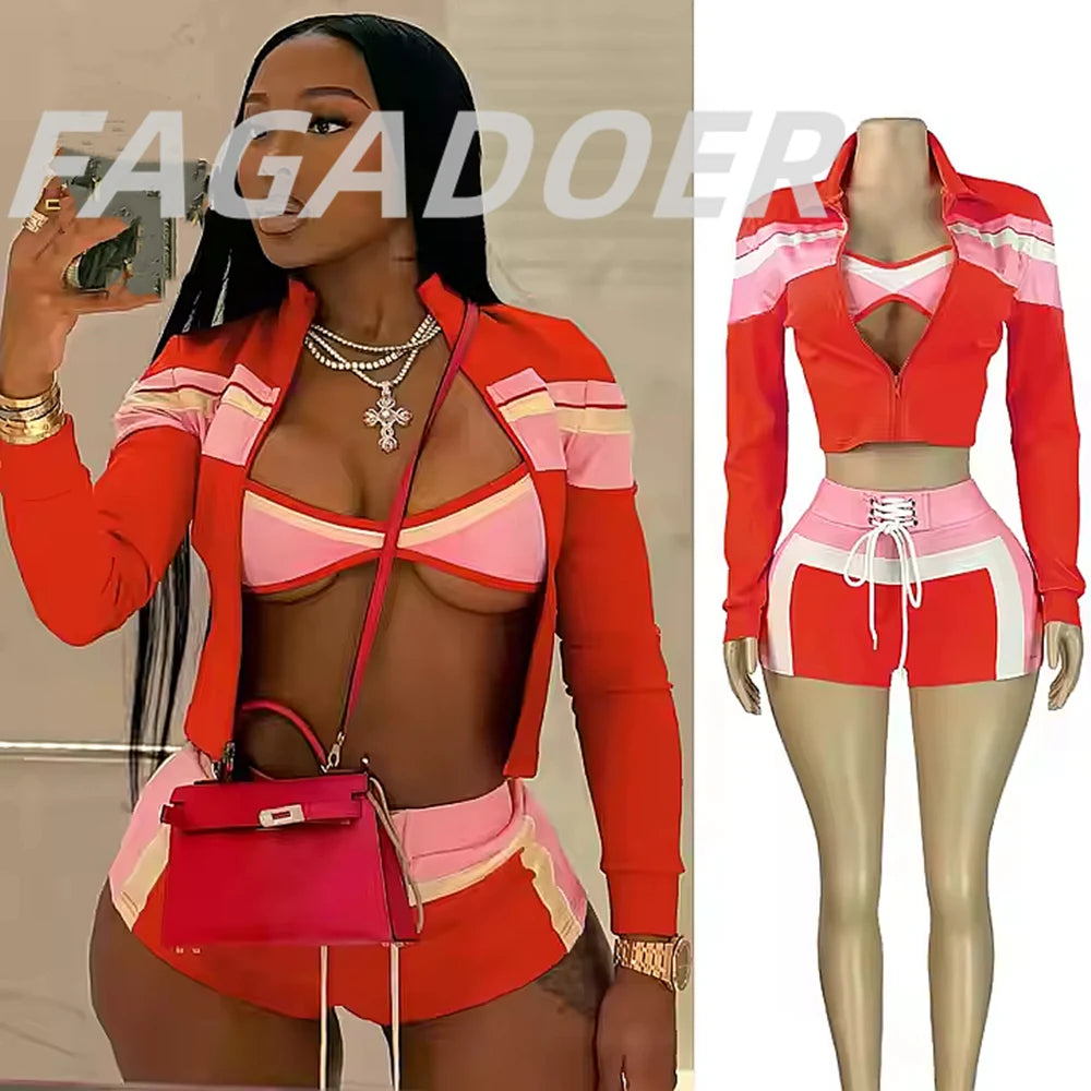 FAGADOER Sexy Sport 3 Pieces Set For Woman Color Block Long Sleeves Jacket + Tanks Top and Shorts Matching Female Beach Swimsuit