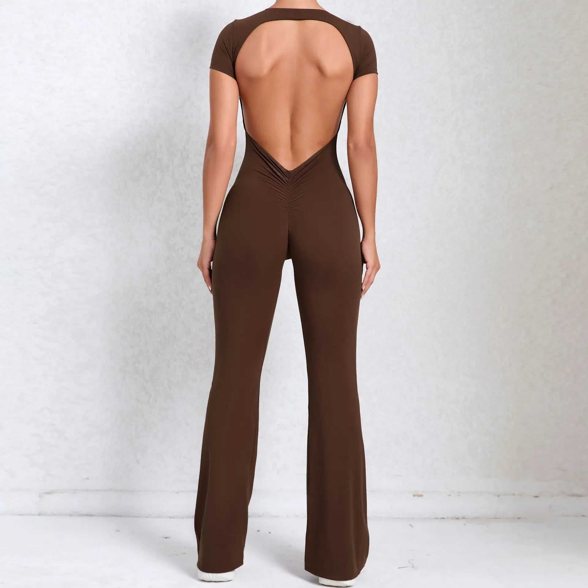 Sexy Backless Scrunch Flared Jumpsuits Women One Piece Sportswear Yoga Clothes Short Sleeve Fitness Overalls Female Sport Outfit