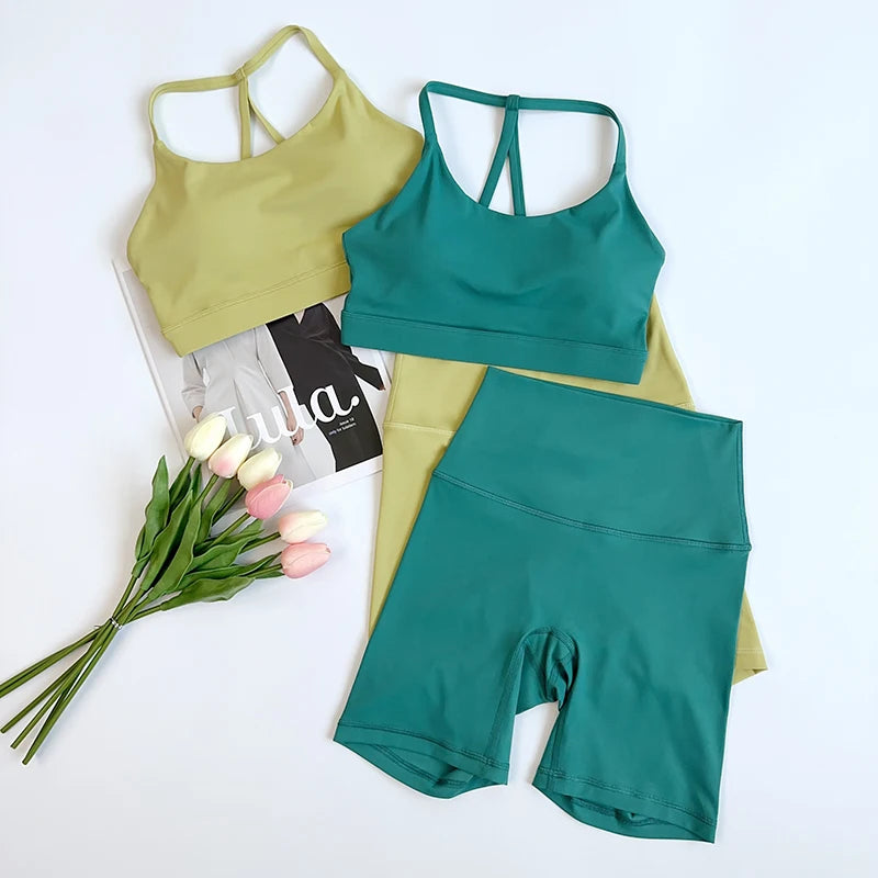 Solid Color Gym Bike Yoga Set Short Legging Cross Back Sport Bra 2pc Tracksuit Athletic Women Gym Suit Comprehensive Training👚