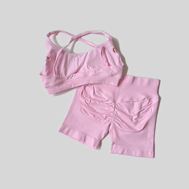 Solid Color Bike Gym Set Short Cross Back Sports Bra Workout Outfit Athletic Women Gym Suit Training Running Tracksuit
