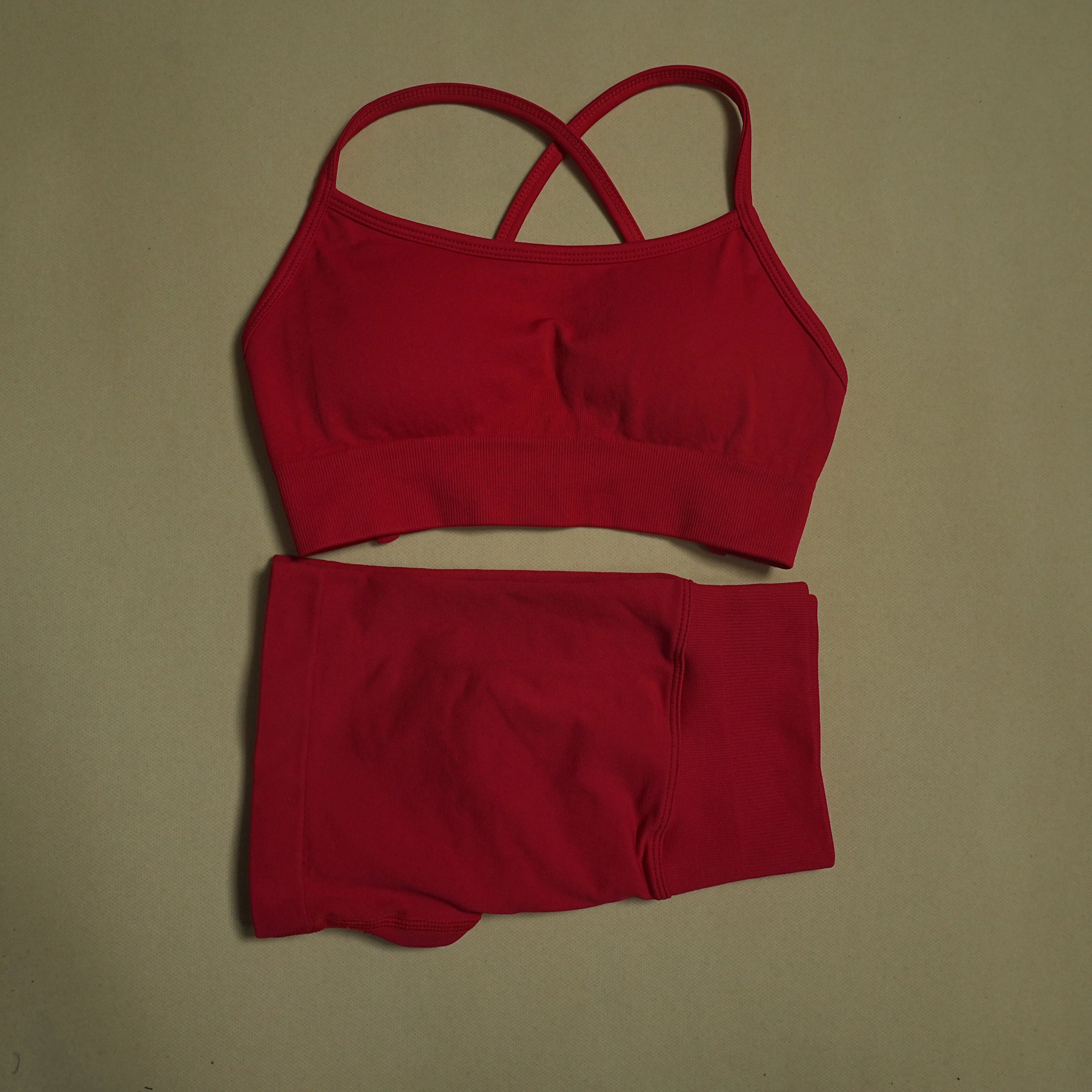 2 Pieces Yoga Gym Set Women Seamless Strappy Yoga Bra High Waist Workout Scrunch Shorts Sports Set Fitness Clothes Sportswear