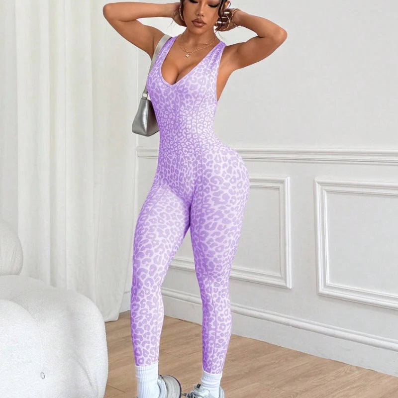 Women Sports Jumpsuits Leopard Deep V Bandage One Piece Yoga Pants Scrunch Workout Fitness Gym Training Athletic Tights Suits