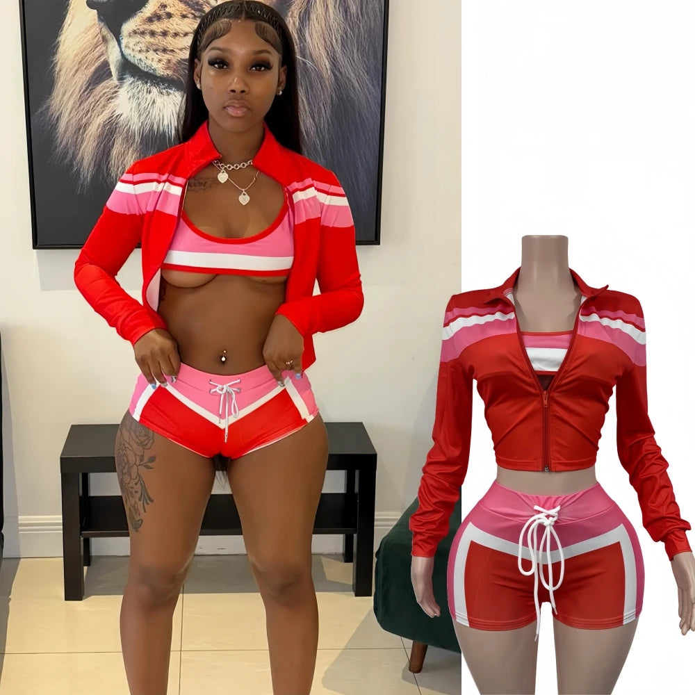 FAGADOER Sexy Sport 3 Pieces Set For Woman Color Block Long Sleeves Jacket + Tanks Top and Shorts Matching Female Beach Swimsuit