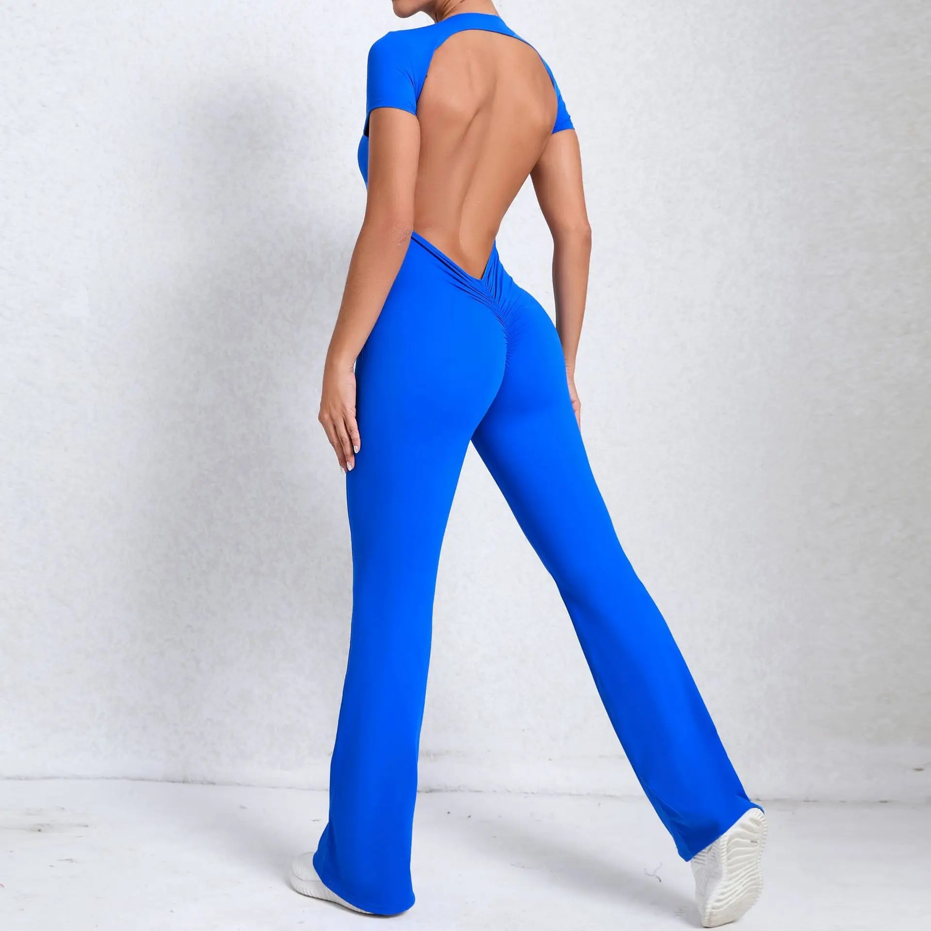 Sexy Backless Scrunch Flared Jumpsuits Women One Piece Sportswear Yoga Clothes Short Sleeve Fitness Overalls Female Sport Outfit