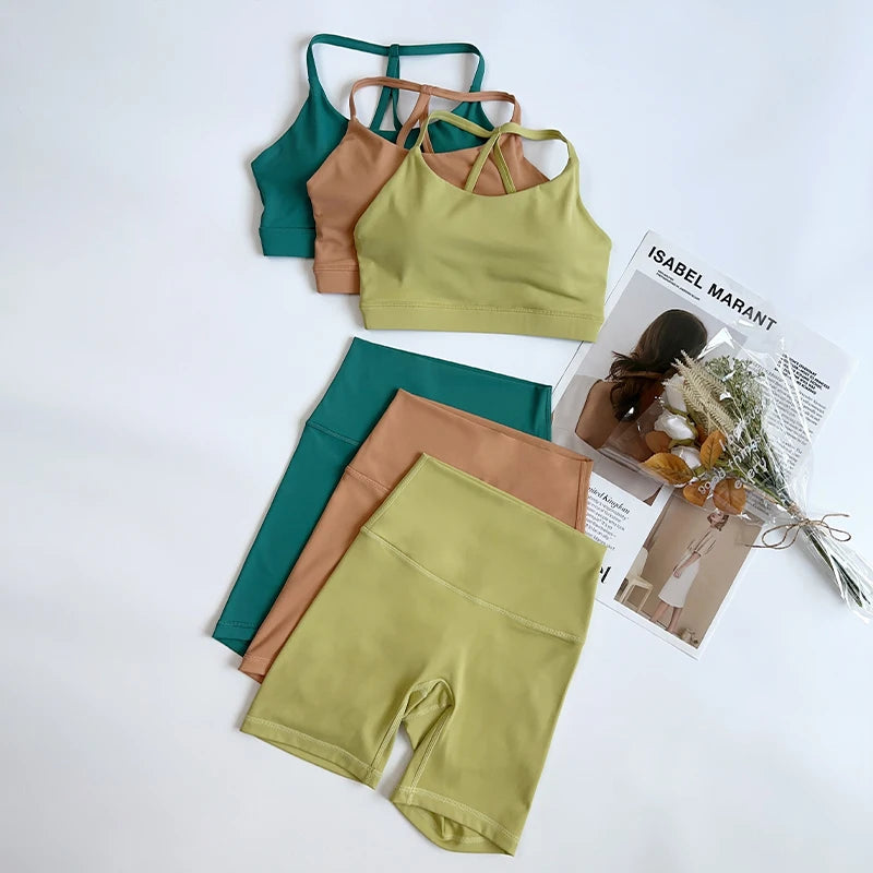 Solid Color Gym Bike Yoga Set Short Legging Cross Back Sport Bra 2pc Tracksuit Athletic Women Gym Suit Comprehensive Training👚