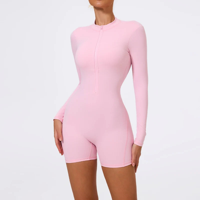 Ctenkevet Summer Half-Zipper Women Gym Jumpsuit Female Outdoors Breathable V Back Activewear Buttock Lift Sport Outfit For Woman