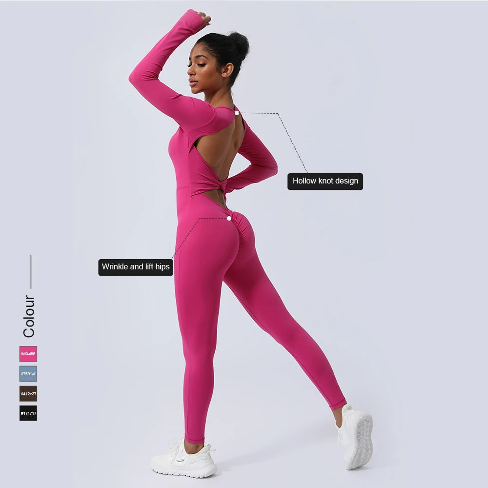 Women Fitness Jumpsuit Backless Long Sleeve Tights Yoga Set Running Training With Padded Sport Set