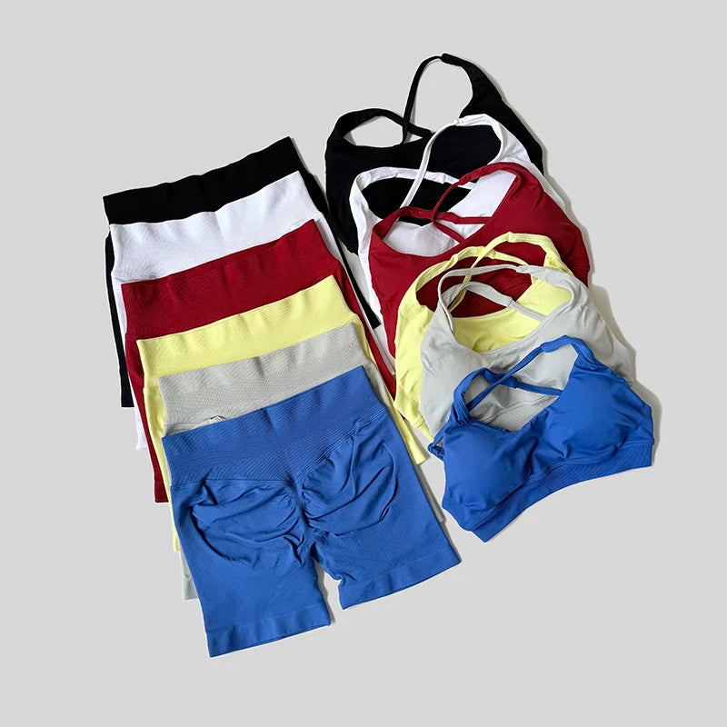 Solid Color Bike Gym Set Short Cross Back Sports Bra Workout Outfit Athletic Women Gym Suit Training Running Tracksuit