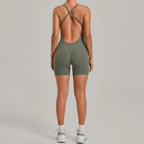 Backless Gym Bodysuits Set Short Jumpsuit Playsuit Women One Piece Sport Outfit Yoga Romper Sexy Fitness Overalls Raises Butt