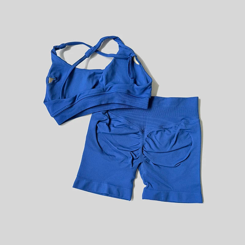 Solid Color Bike Gym Set Short Cross Back Sports Bra Workout Outfit Athletic Women Gym Suit Training Running Tracksuit