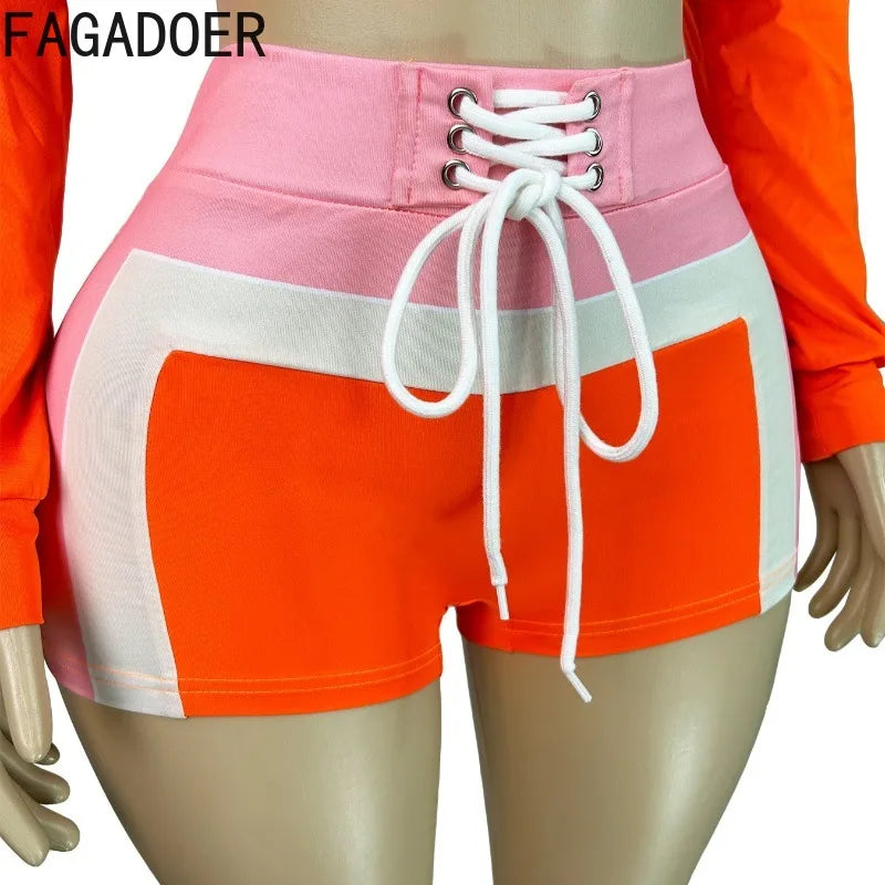 FAGADOER Sexy Sport 3 Pieces Set For Woman Color Block Long Sleeves Jacket + Tanks Top and Shorts Matching Female Beach Swimsuit