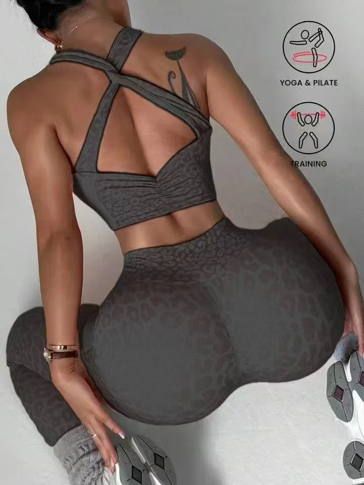 Women Sports Jumpsuits Leopard Deep V Bandage One Piece Yoga Pants Scrunch Workout Fitness Gym Training Athletic Tights Suits
