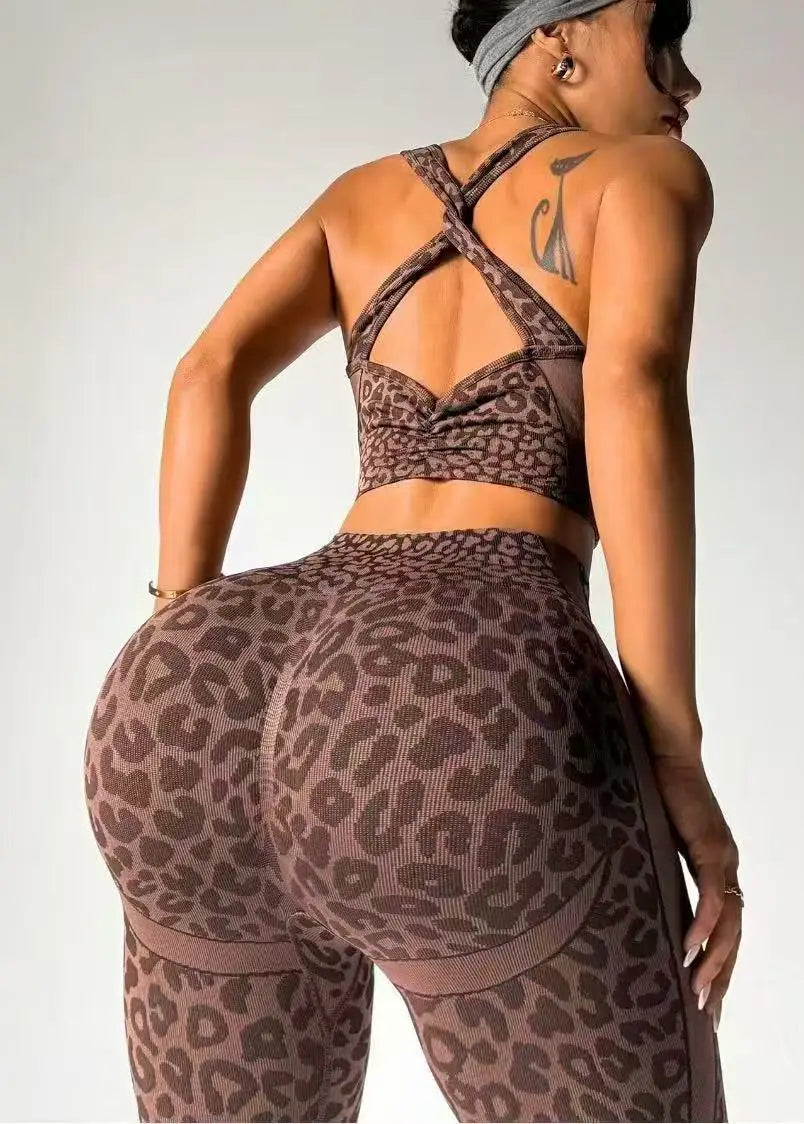 Women Sports Jumpsuits Leopard Deep V Bandage One Piece Yoga Pants Scrunch Workout Fitness Gym Training Athletic Tights Suits