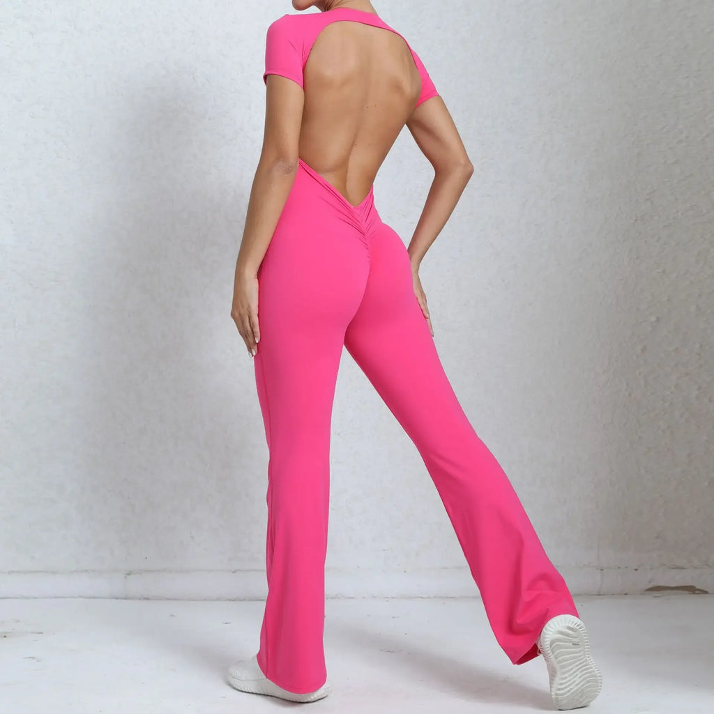 Sexy Backless Scrunch Flared Jumpsuits Women One Piece Sportswear Yoga Clothes Short Sleeve Fitness Overalls Female Sport Outfit